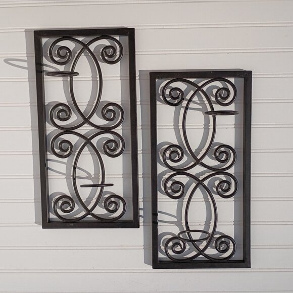 Wrought Iron Wall Sconces Heavy Metal Candle Holders Scroll Design Wall Art Vtg - Picture 2 of 10